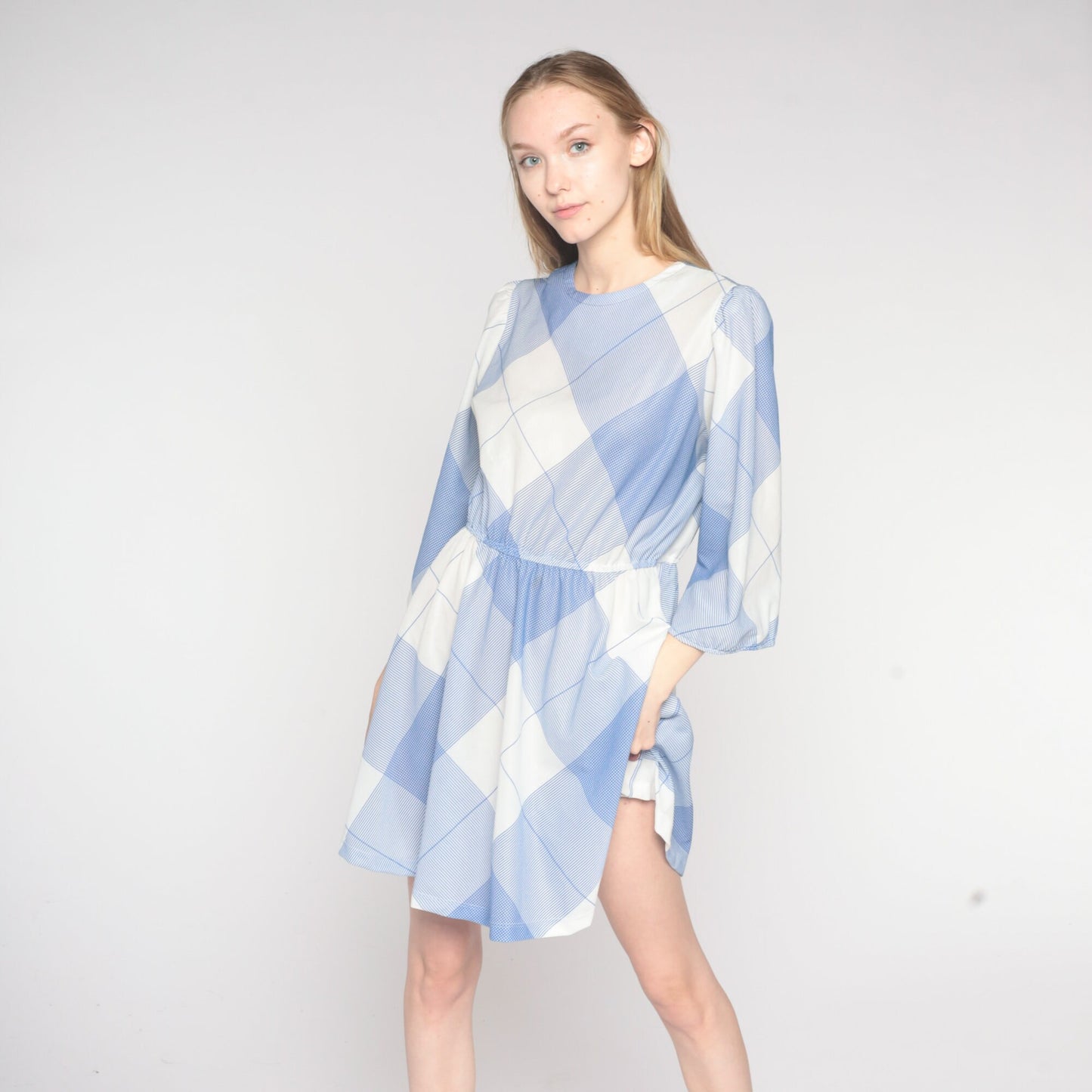 70s Blue White Checkered Mini Dress Puff Sleeve A-Line High Waist Medium Large