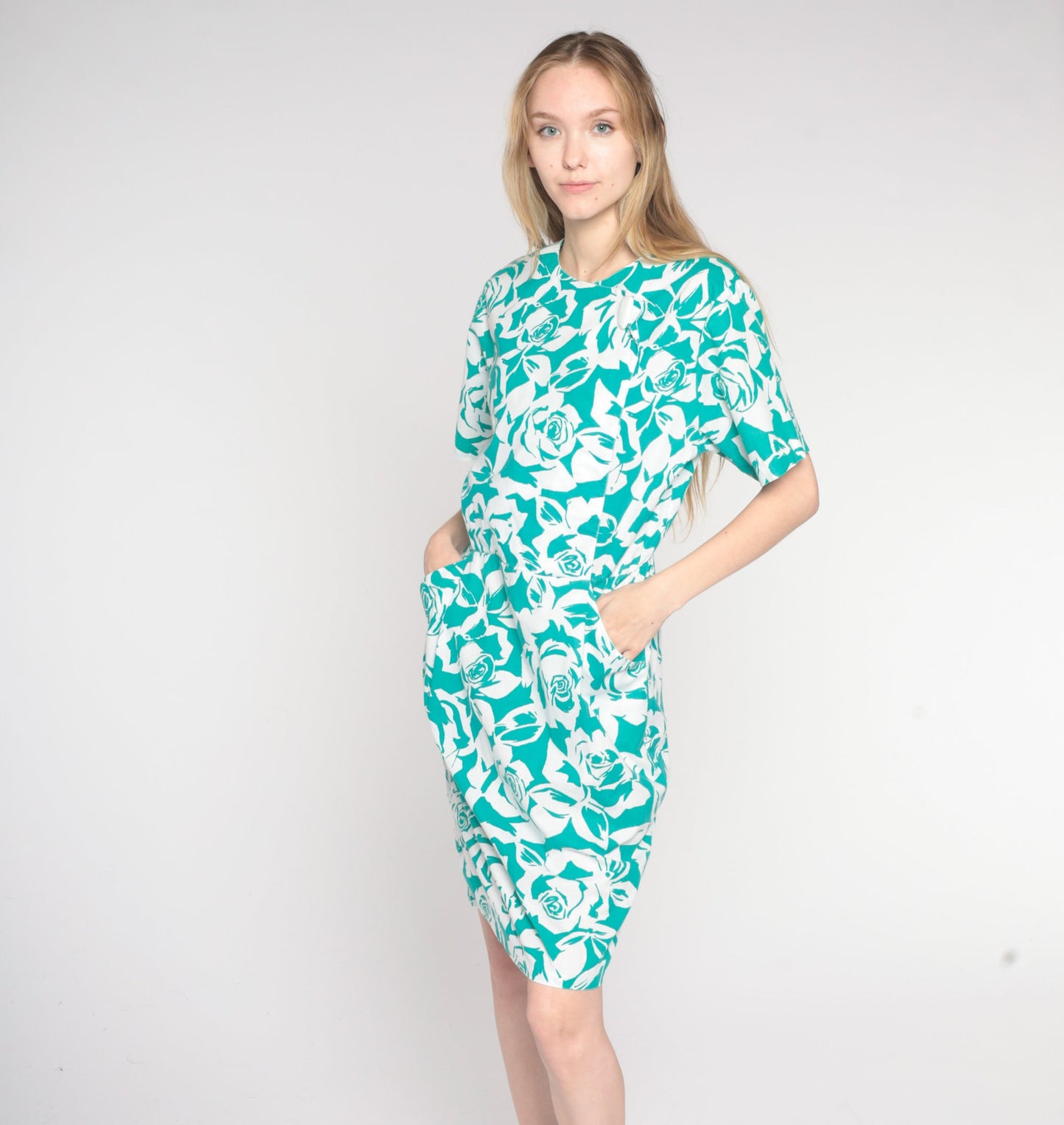 90s Green Rose Floral Print Dress Knee Length Button Wrap Pencil Medium M