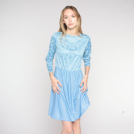 70s Blue Mini Dress Embossed Leaf Print High Waist Long Sleeve Small S