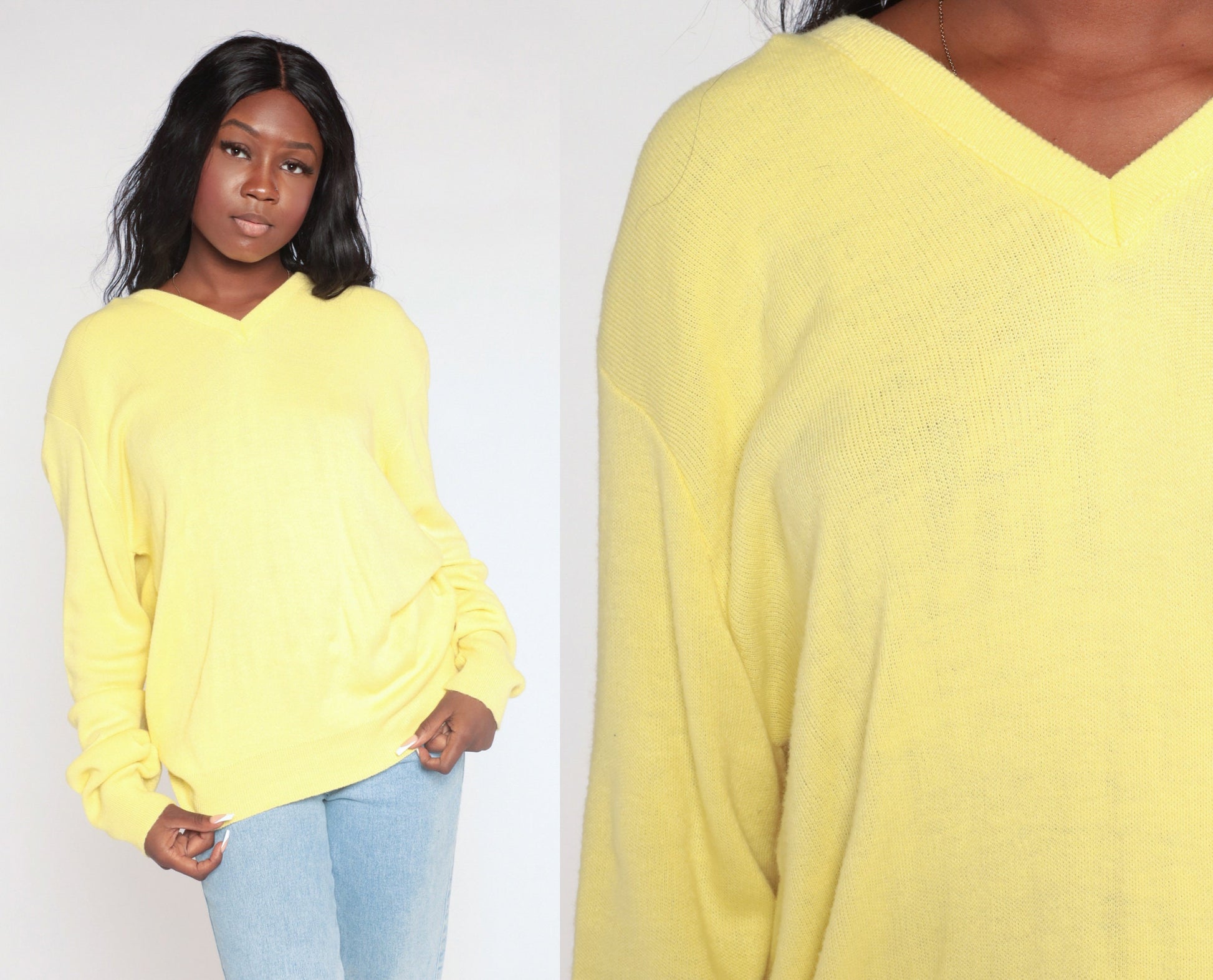 80s Yellow V-Neck Knit Sweater Extra Large XXL