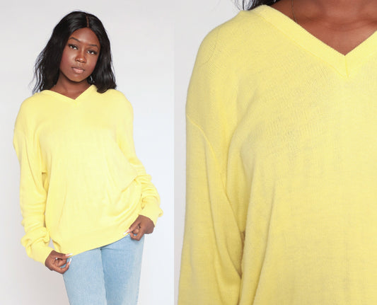 80s Yellow V-Neck Knit Sweater Extra Large XXL