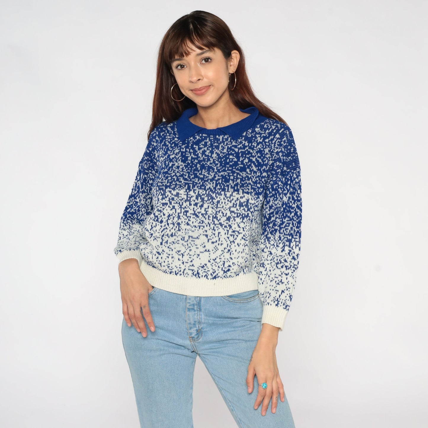 80s Blue White Gradient Knit Collared Sweater Polo Small S