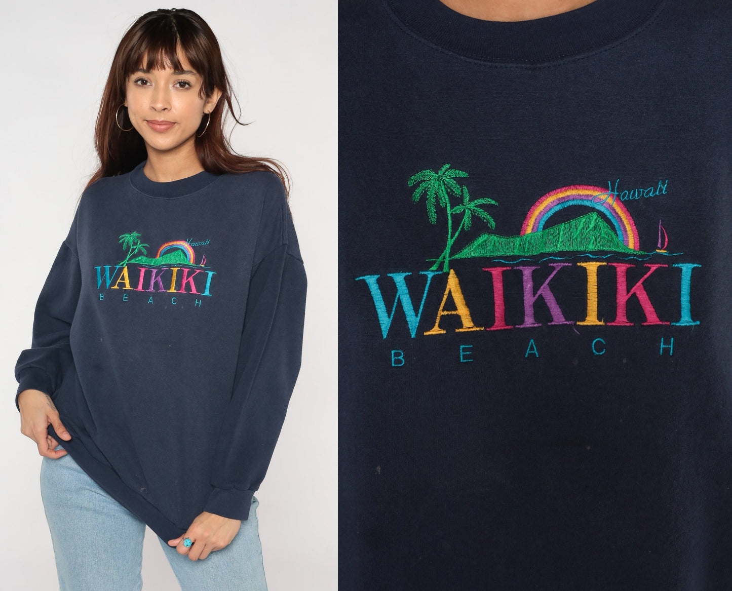 90s Waikiki Beach Hawaii Embroidered Sweatshirt Navy Crewneck Large L