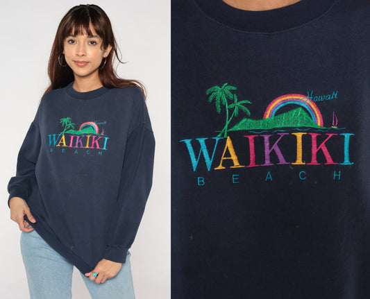 90s Waikiki Beach Hawaii Embroidered Sweatshirt Navy Crewneck Large L