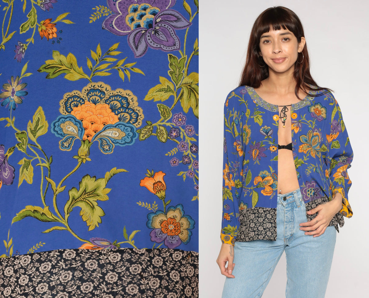 00s Blue Indian Floral Open-Front Jacket Long Sleeve Rayon Medium