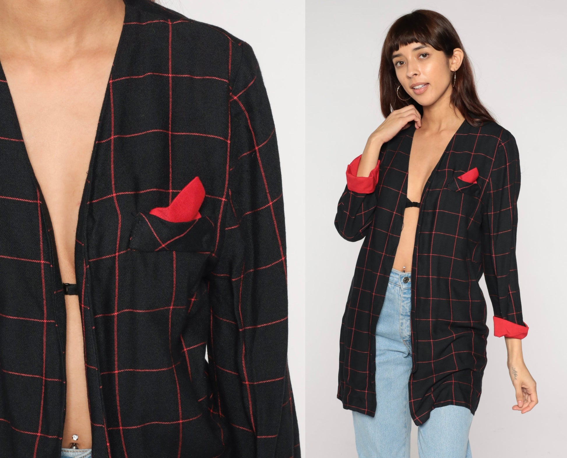90s Black Red Checkered Blazer Open Front Cuffed Sleeve Medium