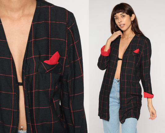 90s Black Red Checkered Blazer Open Front Cuffed Sleeve Medium