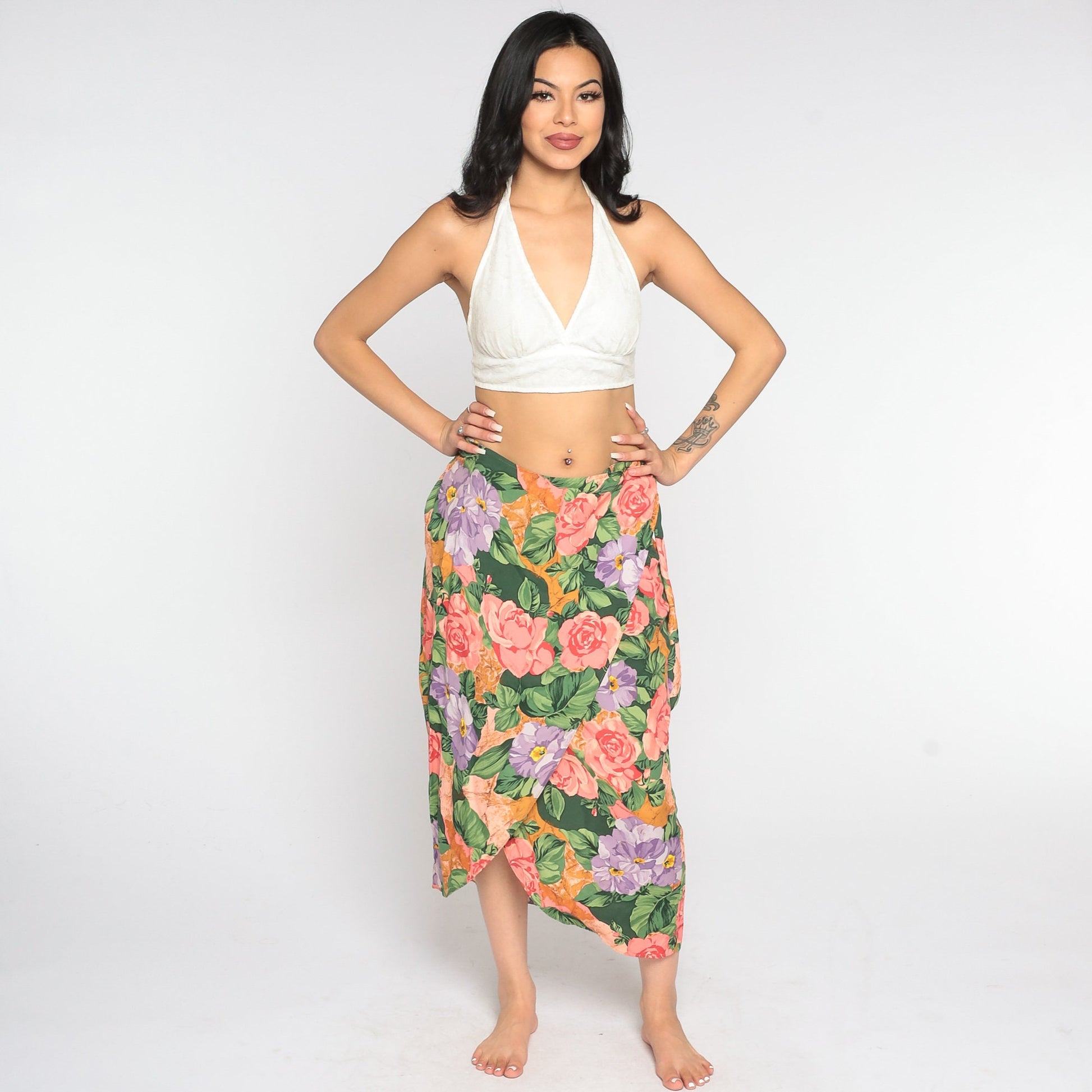 90s Floral Wrap Maxi Skirt Rayon Rose Pattern Small S