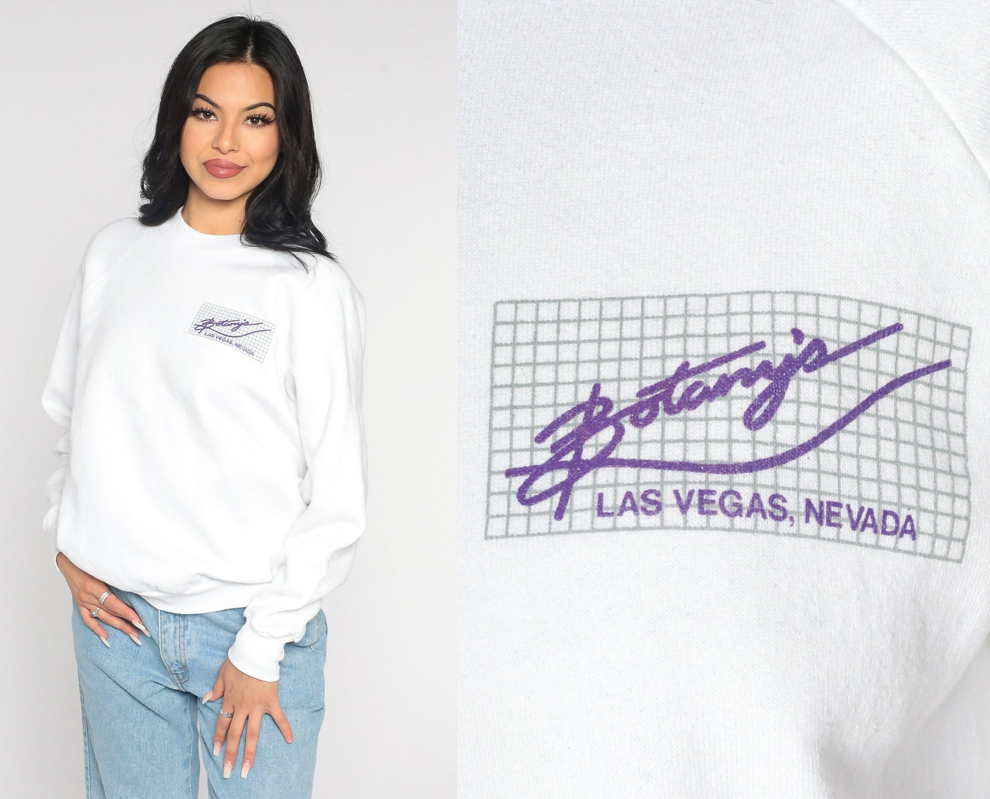 80s Botany's Las Vegas Nightclub Sweatshirt White Raglan Graphic Large