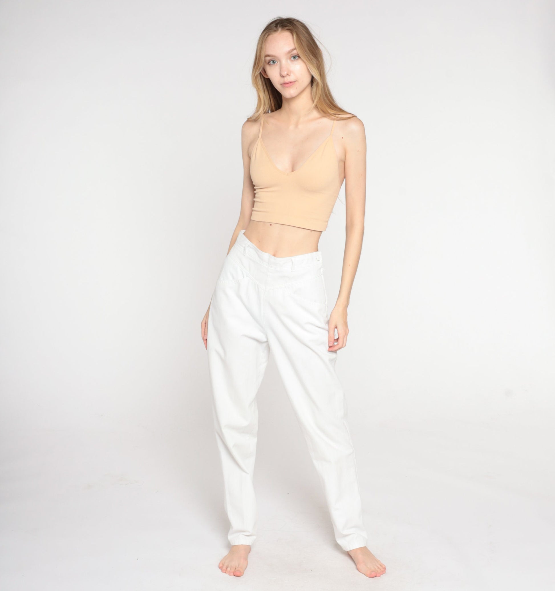 90s White High-Waisted Tapered Trousers Side Button Extra Small