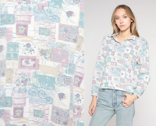 90s Floral Long Sleeve Collared Shirt Banded Hem Pastel Flower Print Medium