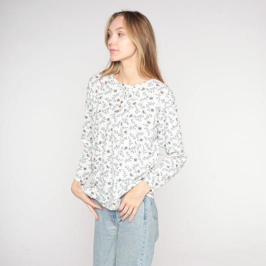 90s Floral Henley Long Sleeve Ribbed Shirt White Medium