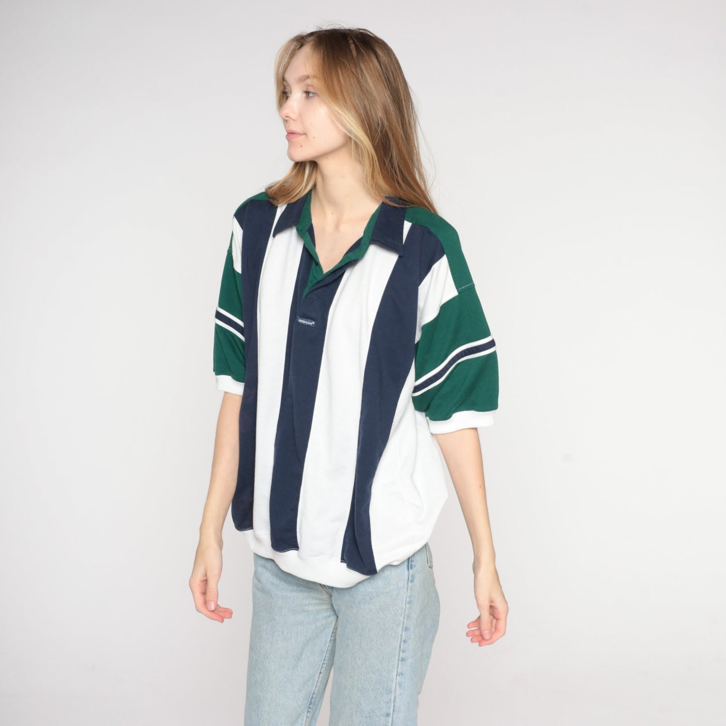90s Striped Polo Shirt White Blue Green Banded Hem Men's Extra Large XL