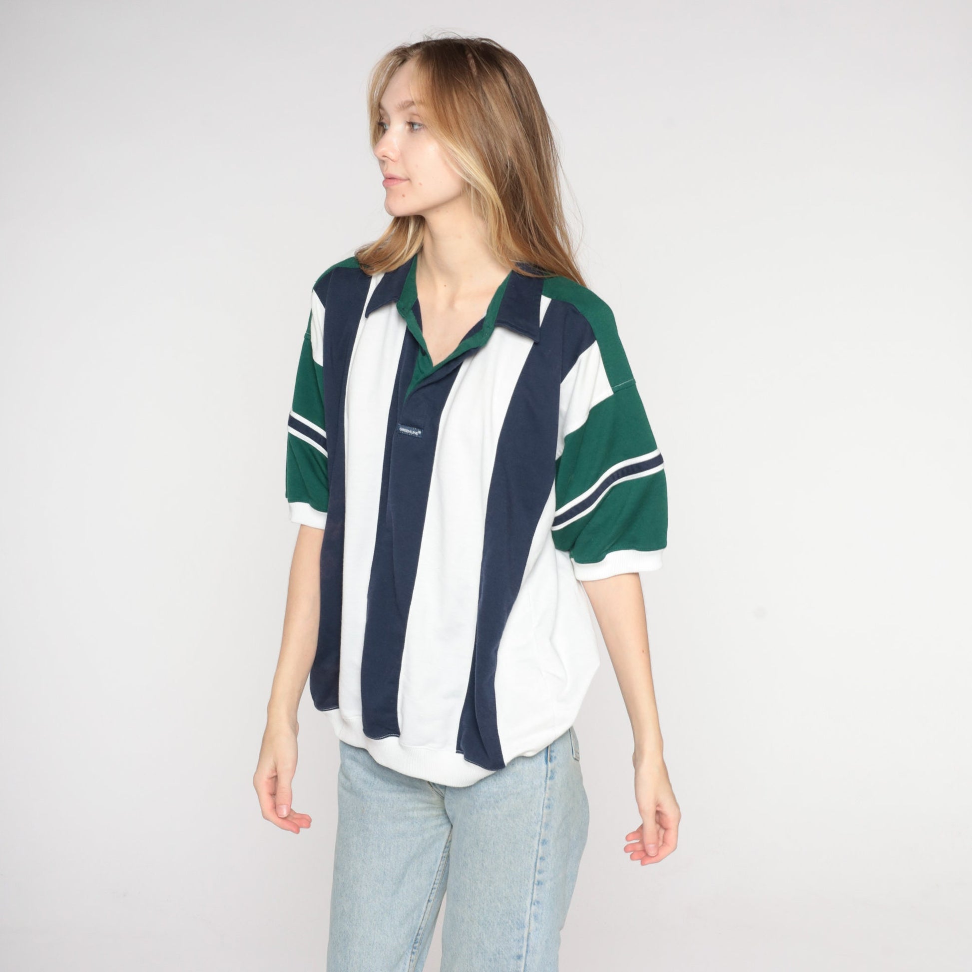90s Striped Polo Shirt White Blue Green Banded Hem Men's Extra Large XL