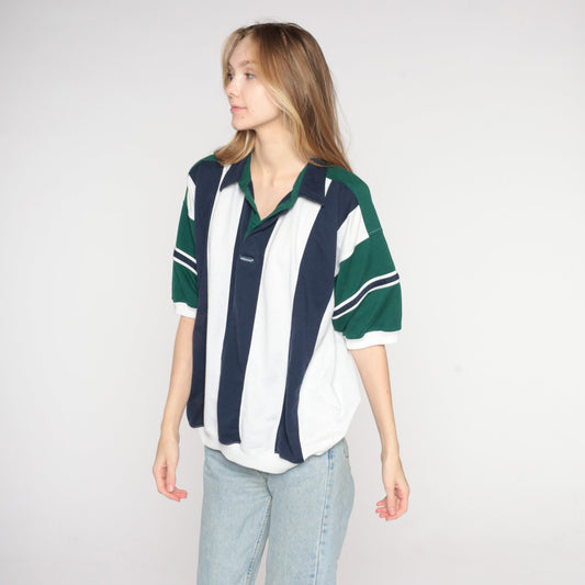 90s Striped Polo Shirt White Blue Green Banded Hem Men's Extra Large XL