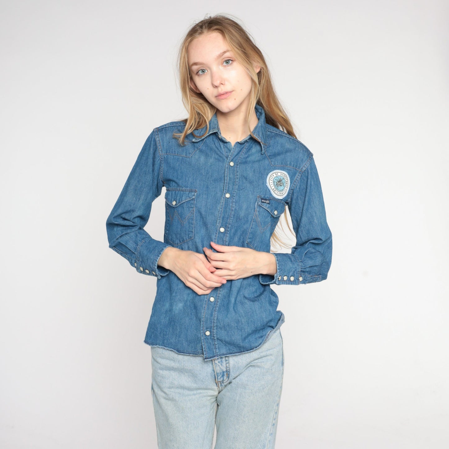 80s Wrangler Denim Pearl Snap Western Shirt Scottsdale Rodeo Patch Blue