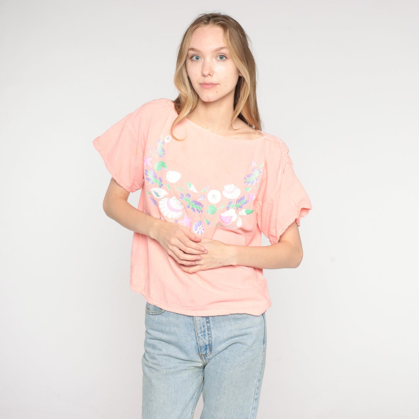 90s Puerto Vallarta Seashell Flower Print Pink Shirt Medium Large