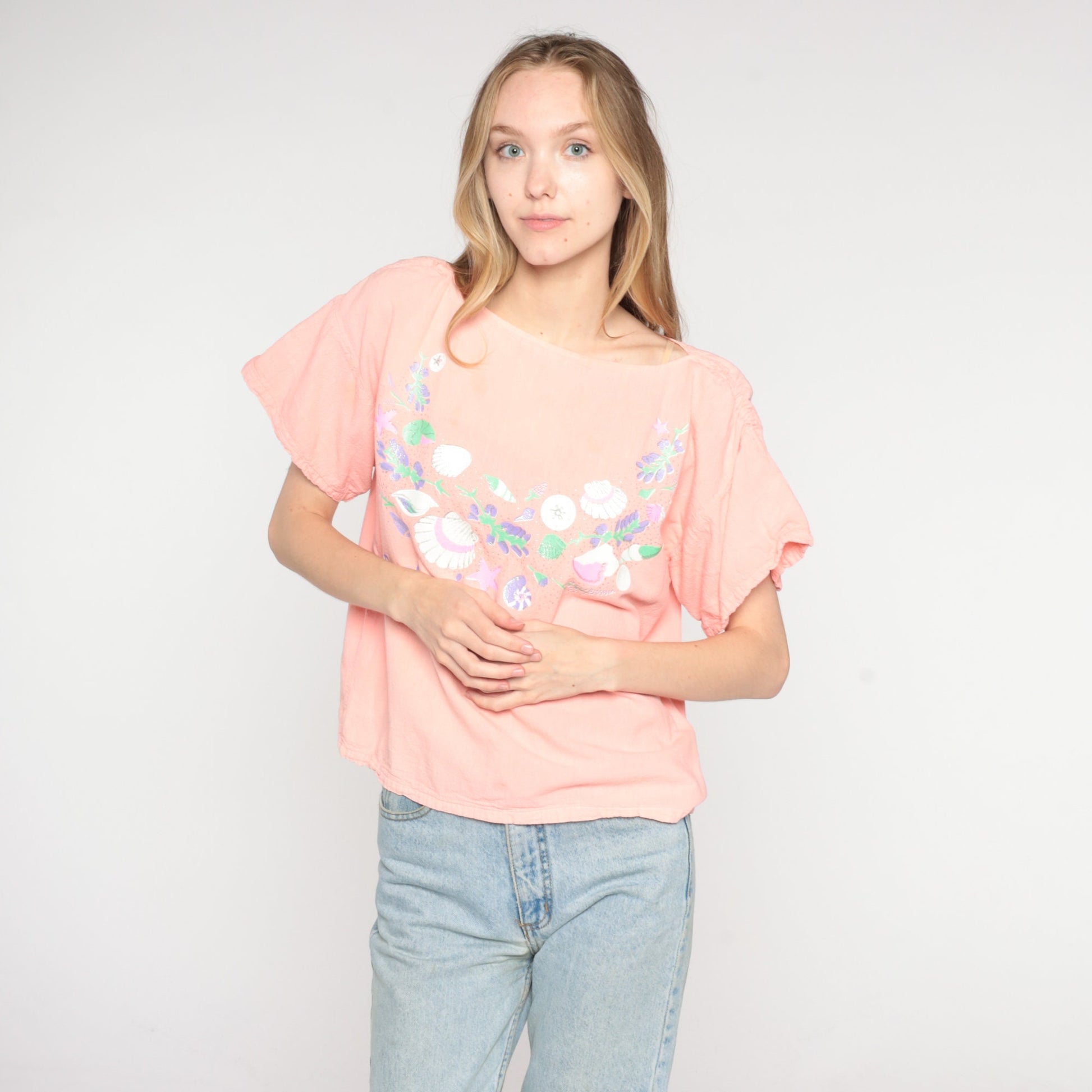 90s Puerto Vallarta Seashell Flower Print Pink Shirt Medium Large