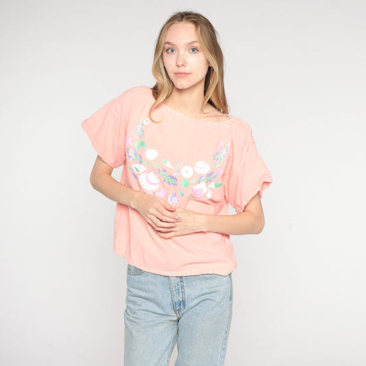 90s Puerto Vallarta Seashell Flower Print Pink Shirt Medium Large