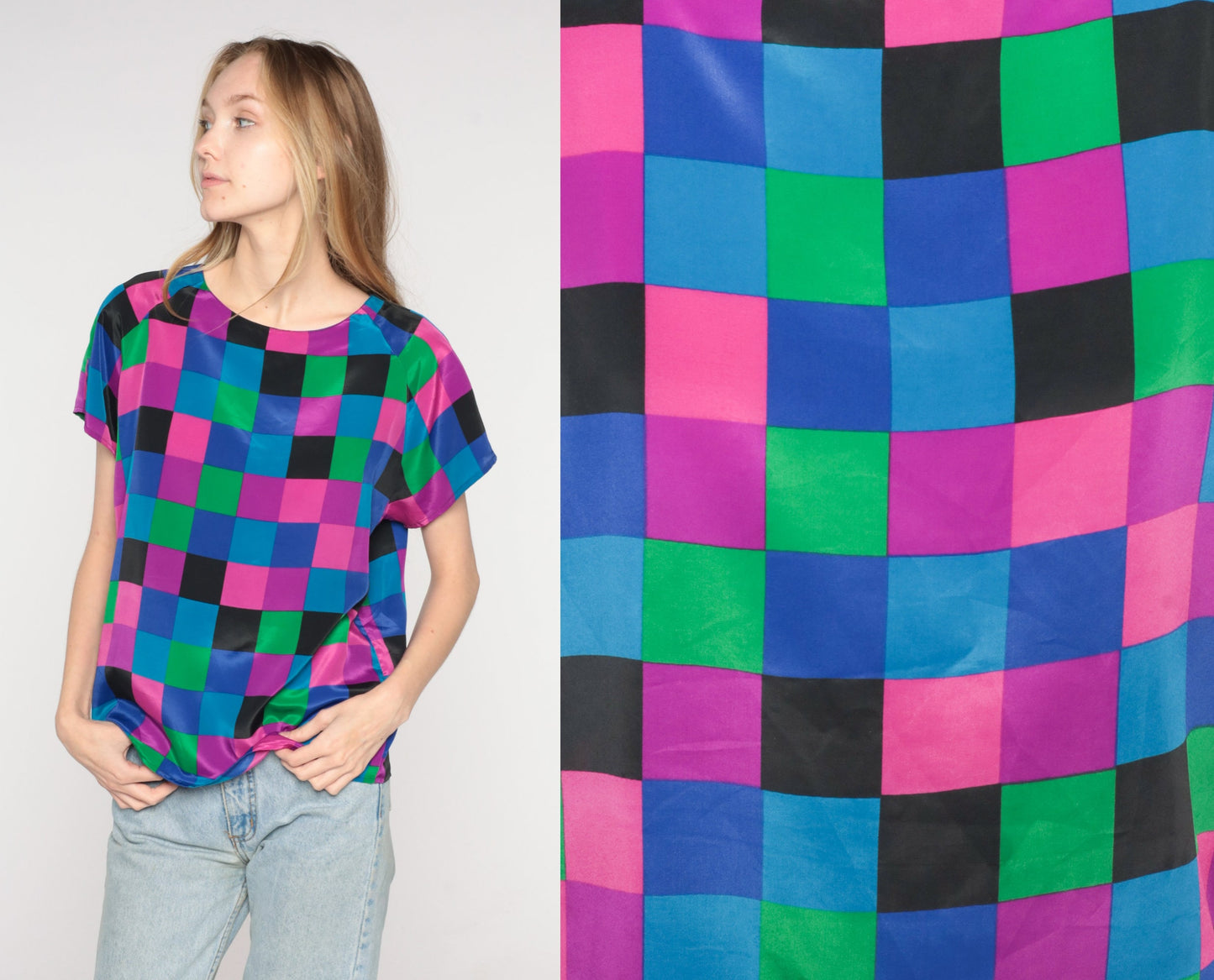 90s Colorful Checkerboard Short Sleeve Blouse Purple Pink Blue Medium M