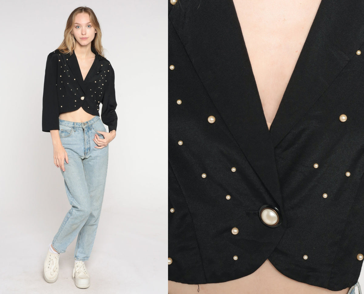 90s Black Cropped Blazer Pearl Beaded Single Button Jacket Medium