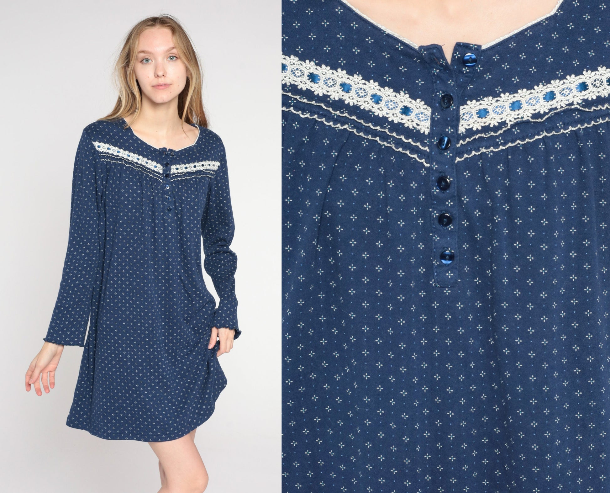 Y2K Navy Calico Floral Pajama Dress Long Sleeve Button-Up Nightgown Large L
