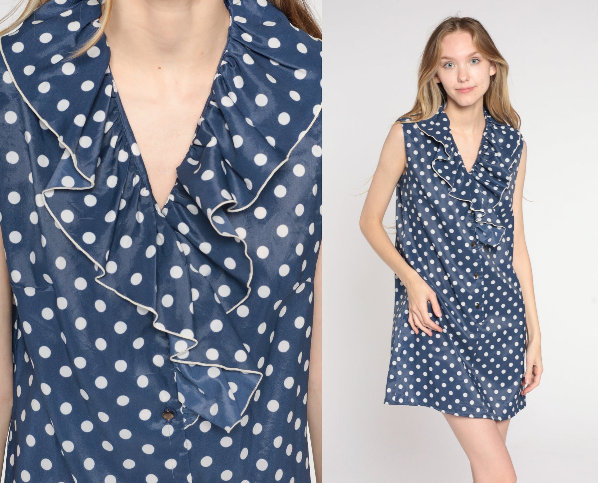 70s Navy Polka Dot Mini Shift Dress Ruffled Collar Sleeveless Small
