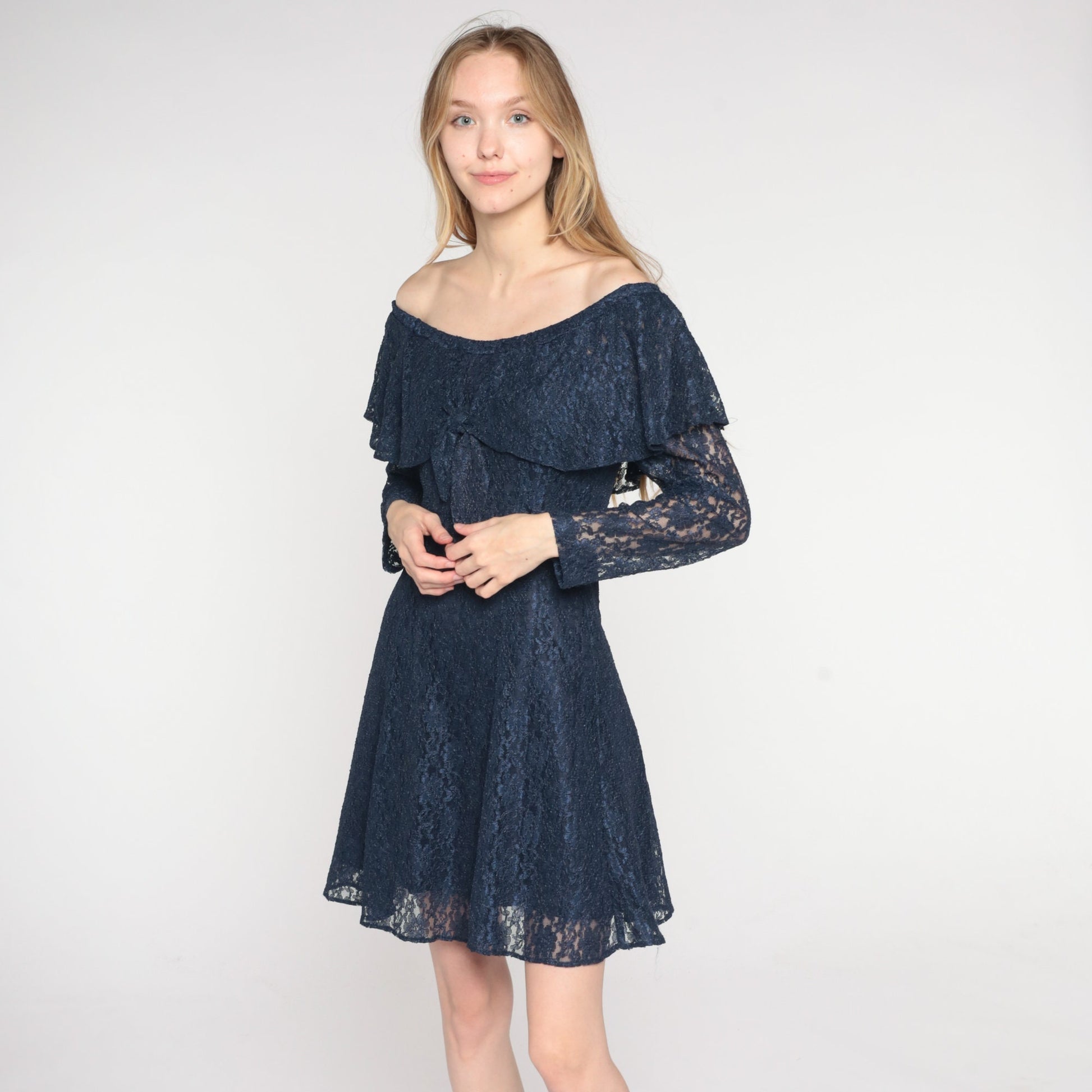 90s Navy Floral Lace Mini Dress Off-Shoulder Long Sleeve Small S