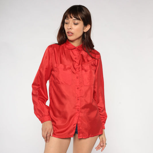 80s Red Button-Up Blouse Rounded Collar Long Sleeve Shirt Medium