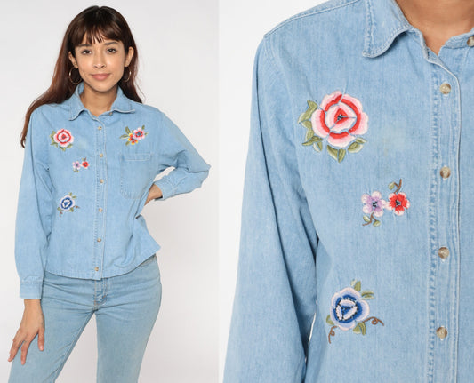 90s Blue Denim Shirt Floral Embroidered Button-Up Blouse Medium M