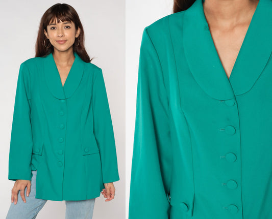 90s Green Blazer Button-Up Jacket Rounded Collar Office Wear Large L