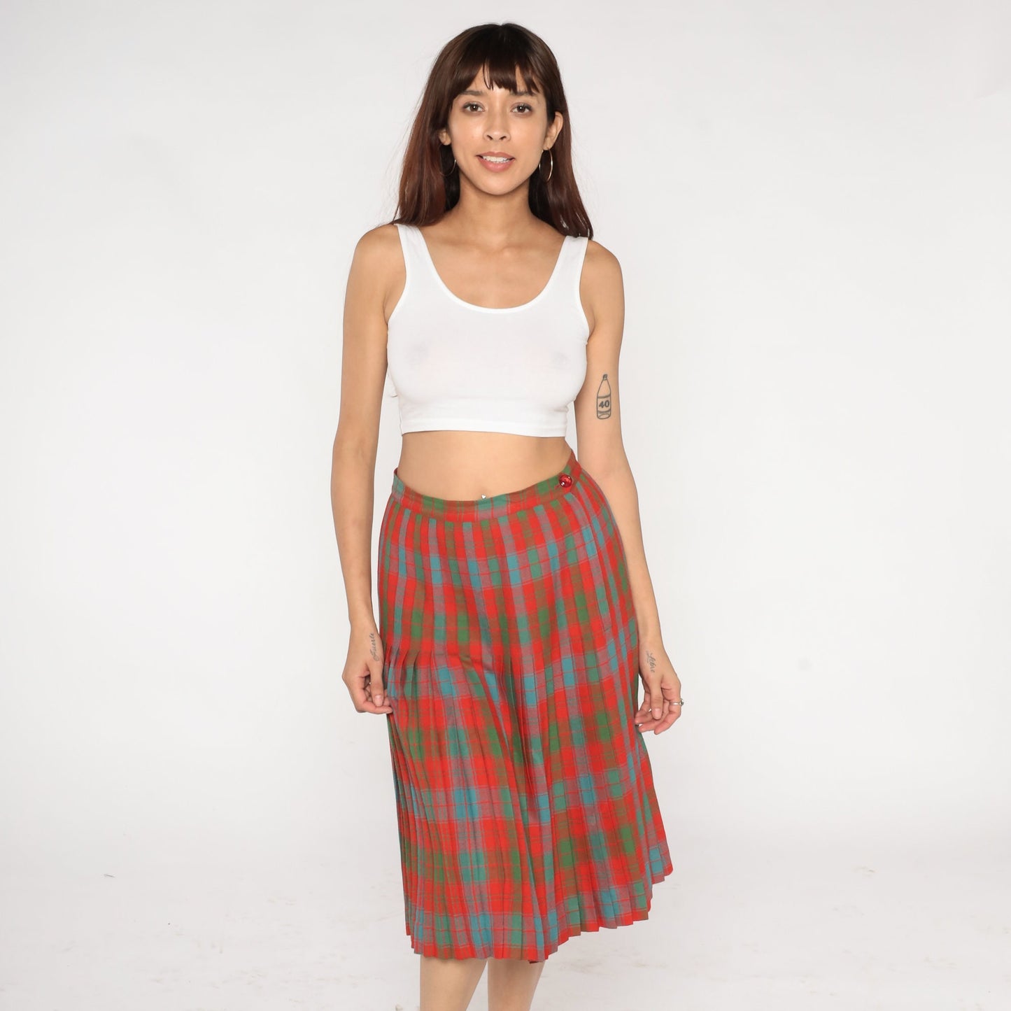 60s Plaid Wool Midi Skirt High Waist Pleated Tartan Red Blue Green Medium