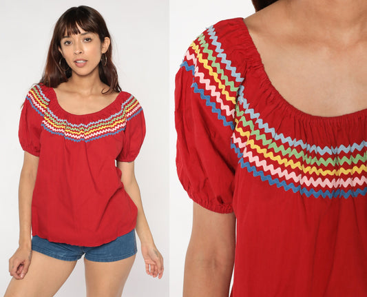 90s Red Peasant Blouse Puff Sleeve Ric-Rac Trim Cotton Top Medium Large