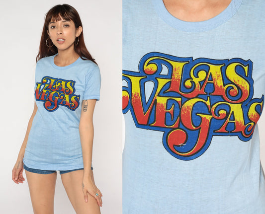 80s Las Vegas Graphic T-Shirt Baby Blue Single Stitch Cotton Small