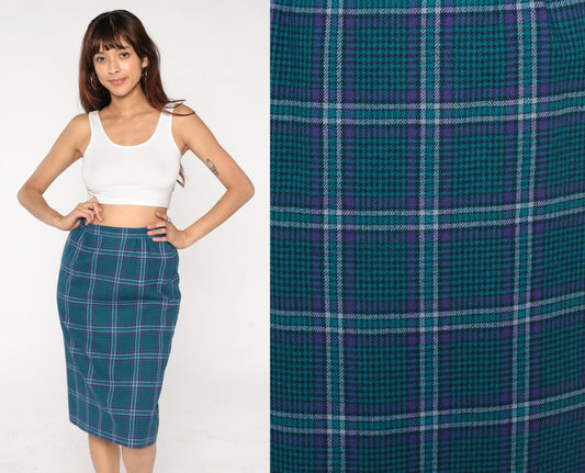 Pendleton Wool Plaid Midi Skirt 80s Blue High Waist Pencil Medium
