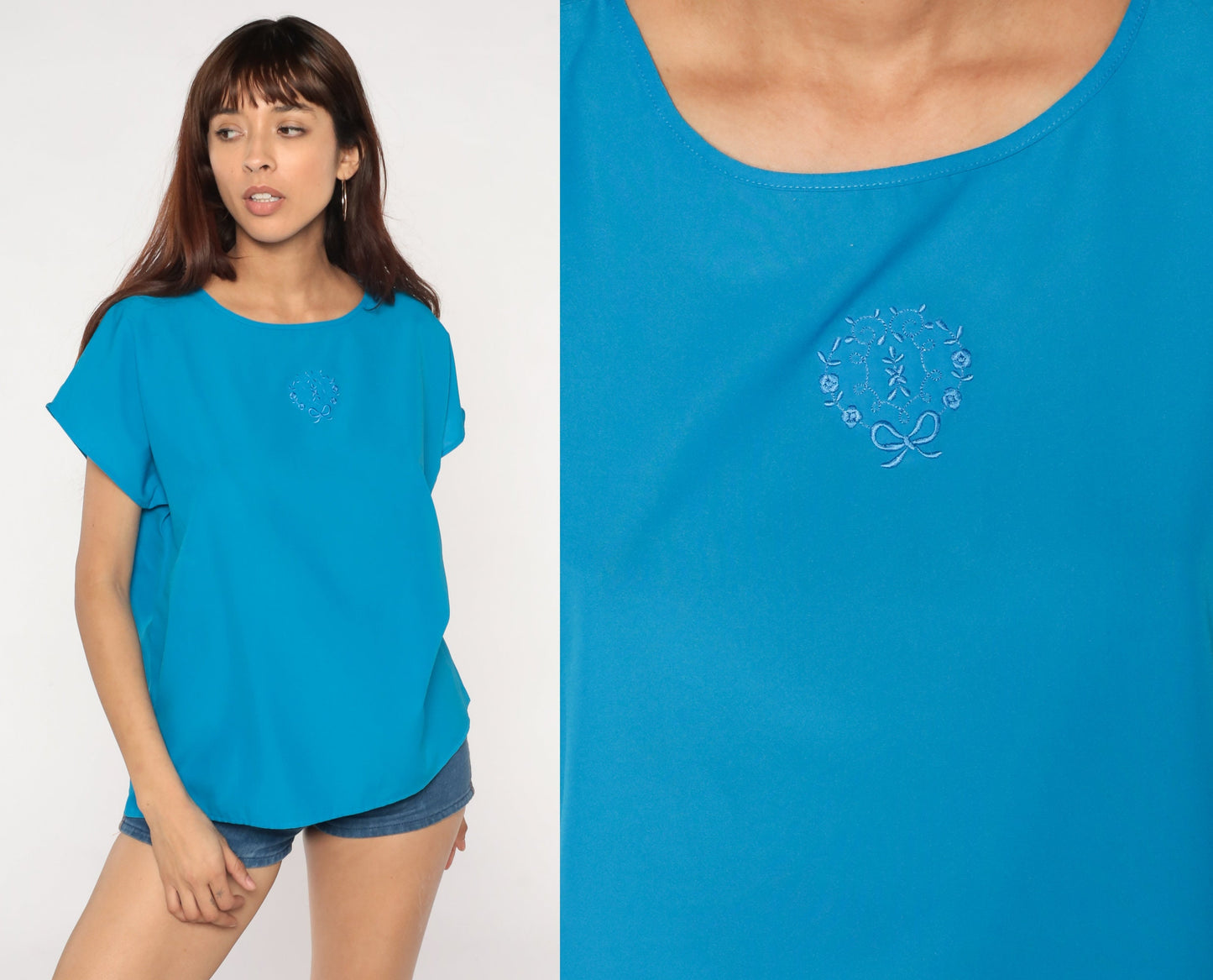 80s Blue Cap Sleeve Blouse Embroidered Floral Wreath Large