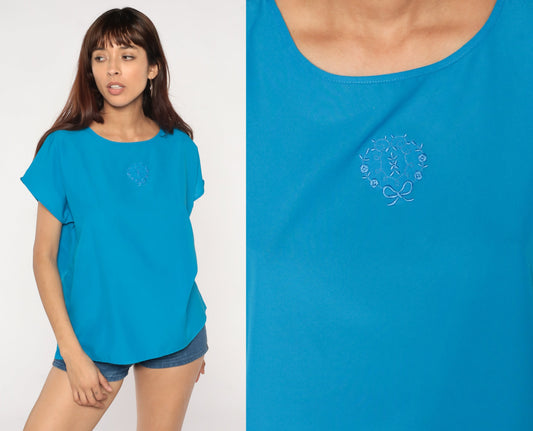 80s Blue Cap Sleeve Blouse Embroidered Floral Wreath Large