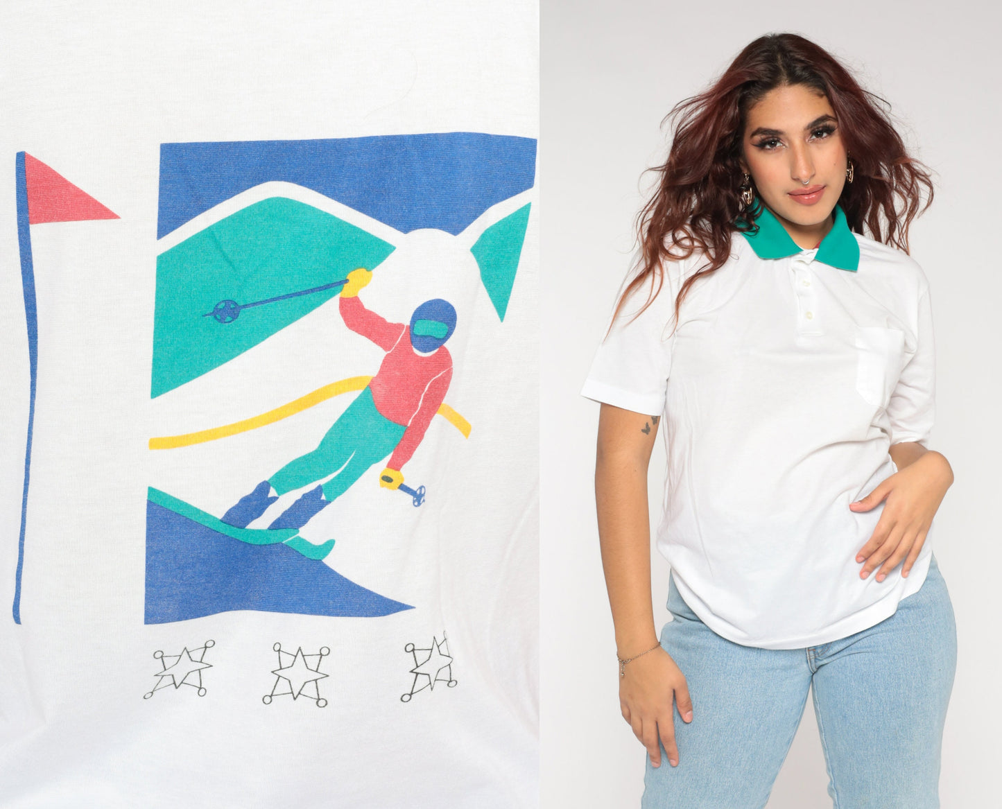 90s White Polo Shirt Green Collar Skier Graphic Short Sleeve Medium M