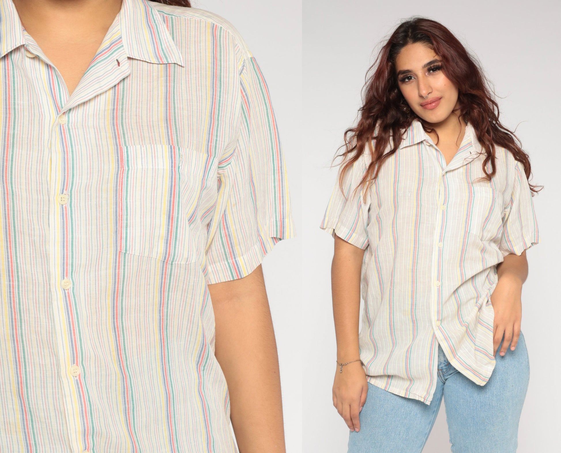 80s Striped Button-Up Shirt White Cotton Short Sleeve Collared Top Large