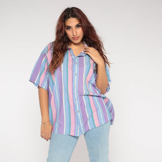 90s Striped Button-Up Shirt Pink Purple Green Short Sleeve Collar XXL
