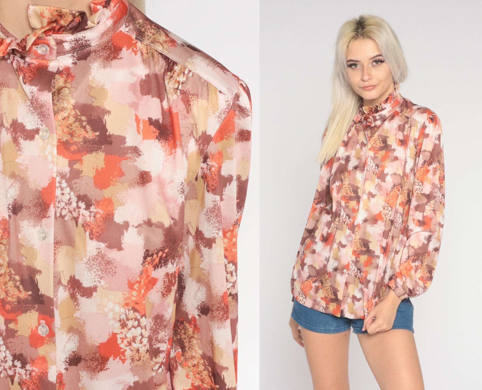 70s Abstract Brushstroke Puff Sleeve Blouse Red Ruffle Neck Medium