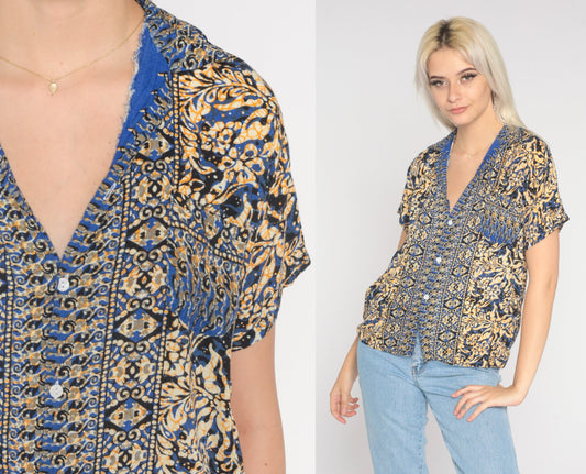 90s Batik Floral Button-Up Blouse Blue Yellow Short Sleeve Small