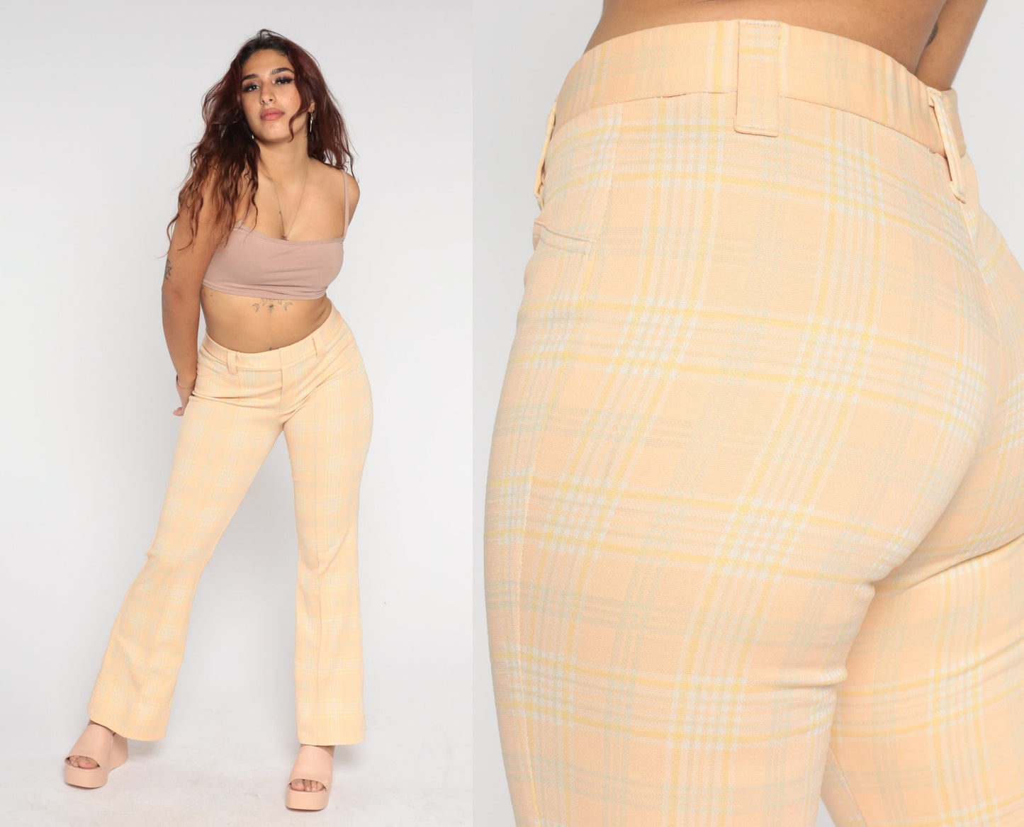 70s Peach Plaid High-Waisted Flared Trousers Medium M