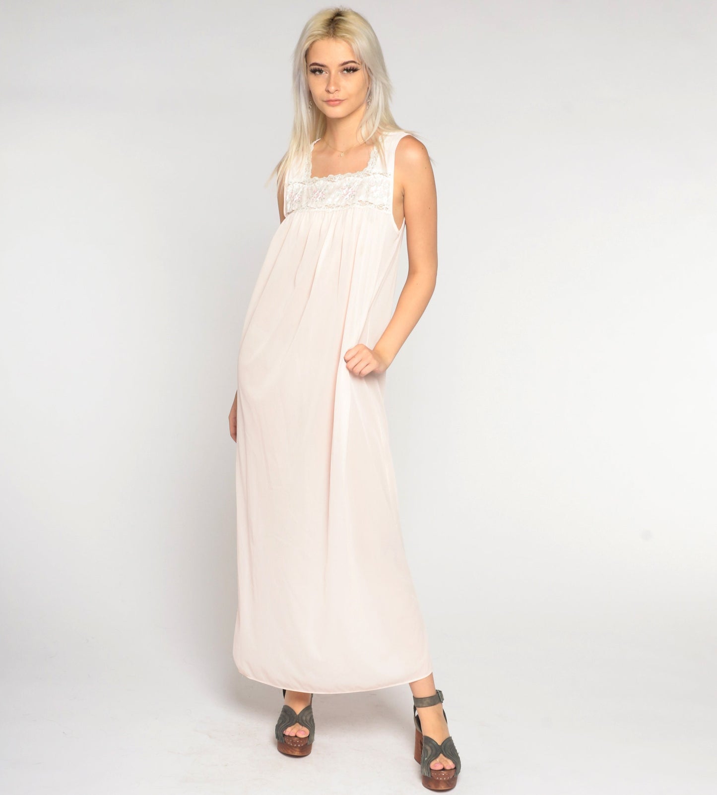 90s Light Pink Nylon Maxi Nightgown Lace Bib Sleeveless Small