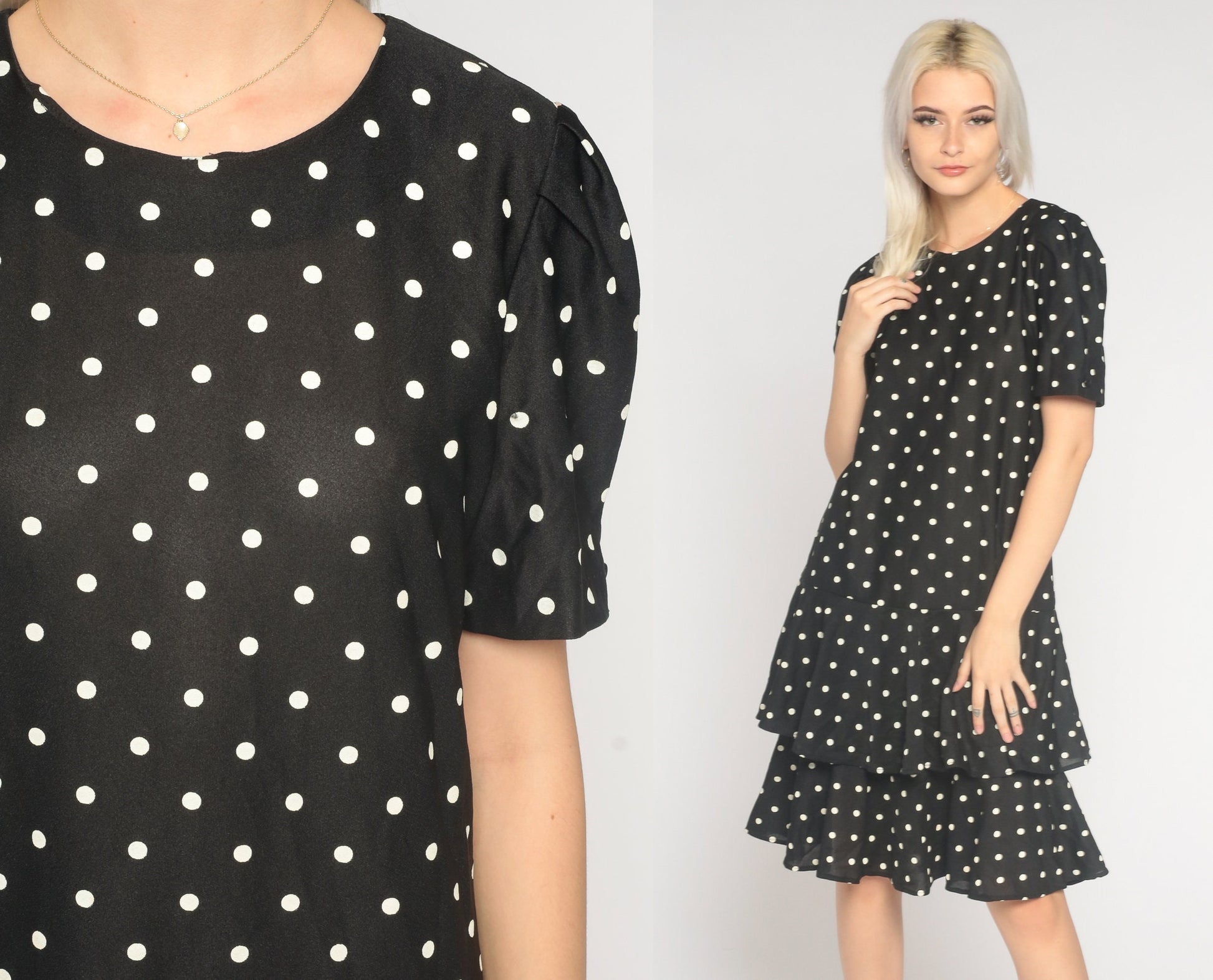 80s Black Polka Dot Tiered Dress Puff Sleeve Knee Length Large