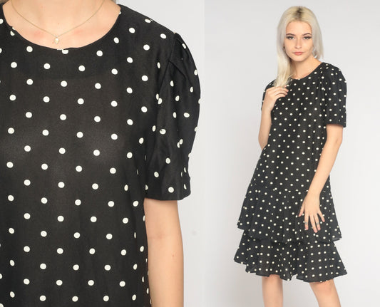 80s Black Polka Dot Tiered Dress Puff Sleeve Knee Length Large