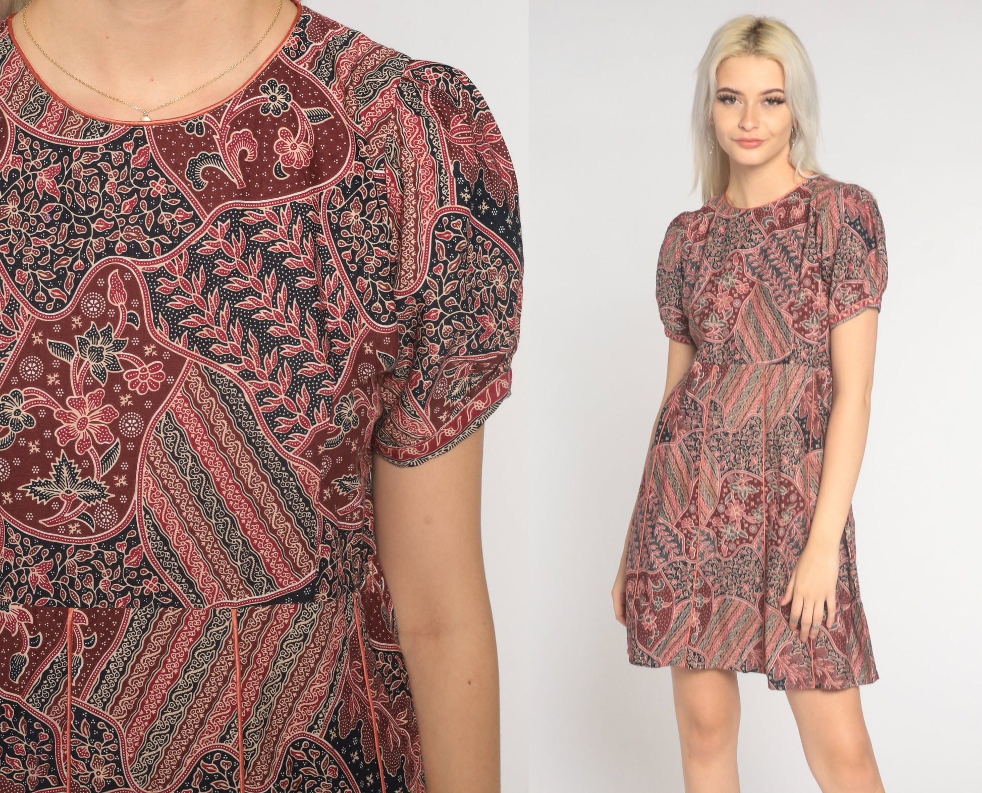 90s Batik Floral Mini Dress Puff Sleeve High Waist Cotton Red Medium M