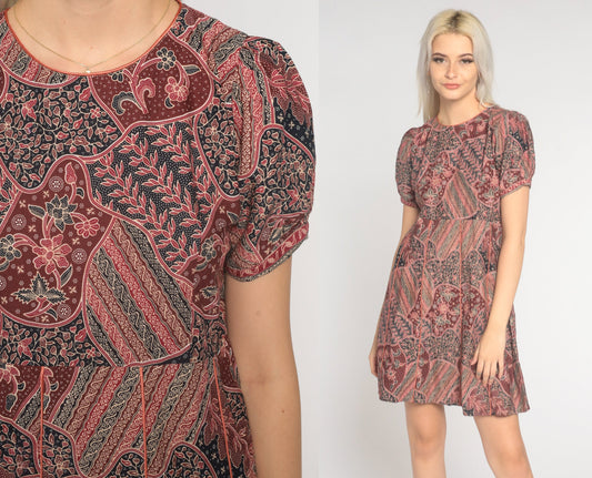 90s Batik Floral Mini Dress Puff Sleeve High Waist Cotton Red Medium M
