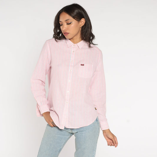 90s Sasson Striped Button-Up Blouse Pink Blue Long Sleeve Extra Large