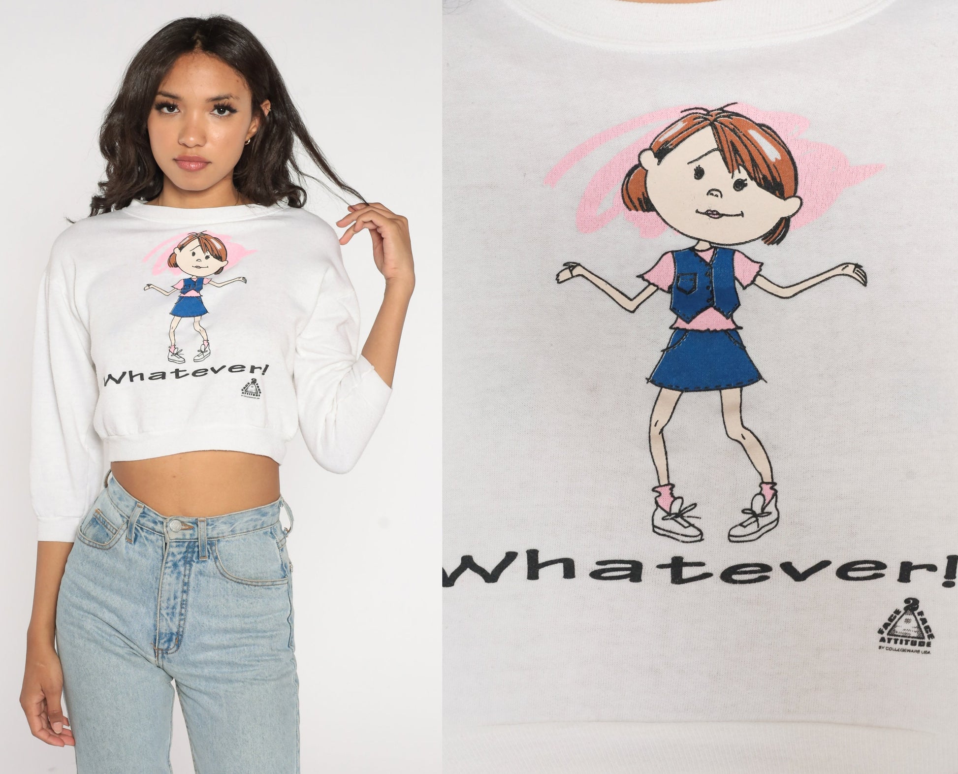 90s Whatever Graphic Cropped Sweatshirt White Sassy Girl Small S